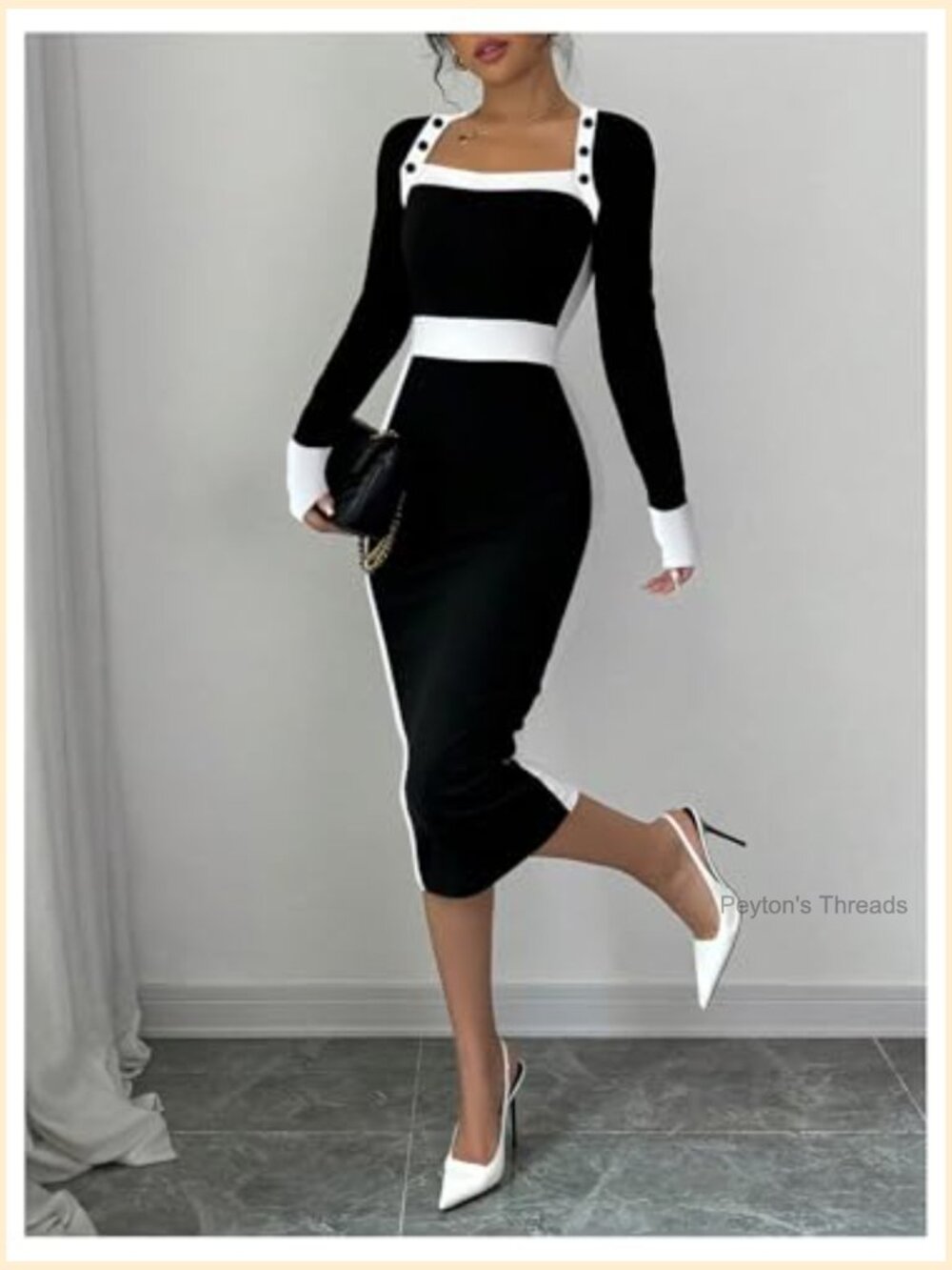 Long Sleeve Square Neck Bodycon Midi Dress Pencil Cocktail Party - Picture 4 of 7
